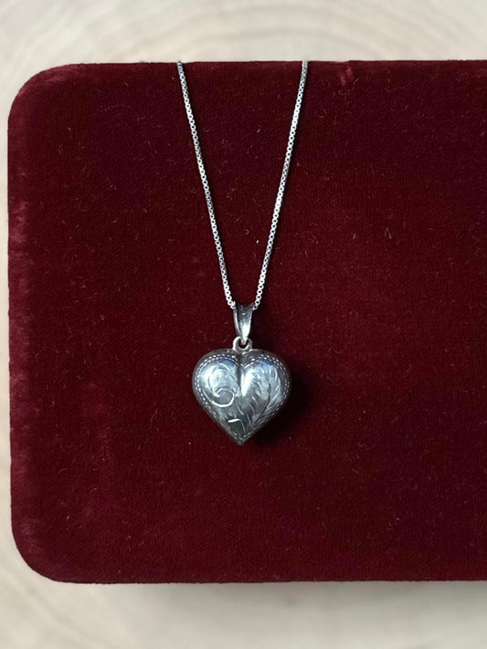 Vintage Sterling Silver Hand Engraved Puffy Heart Pendant Necklace 18"