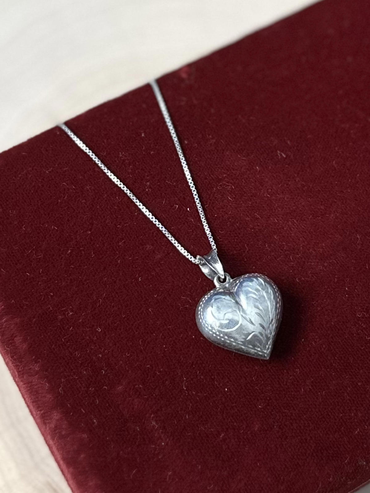 Vintage Sterling Silver Hand Engraved Puffy Heart Pendant Necklace 18"