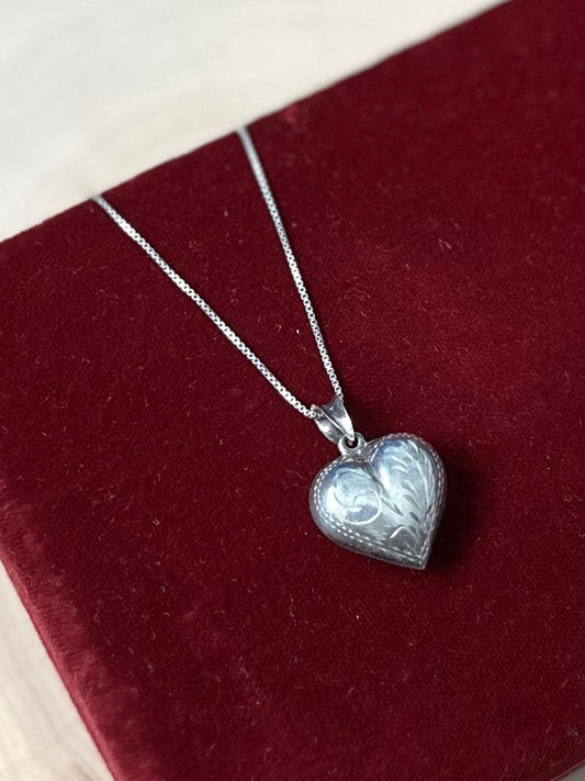 Vintage Sterling Silver Hand Engraved Puffy Heart Pendant Necklace 18"