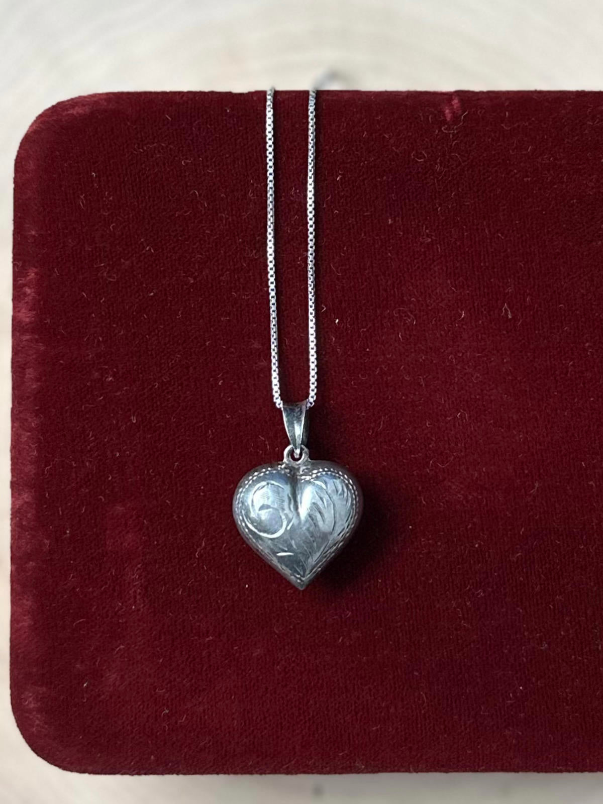 Vintage Sterling Silver Hand Engraved Puffy Heart Pendant Necklace 18"