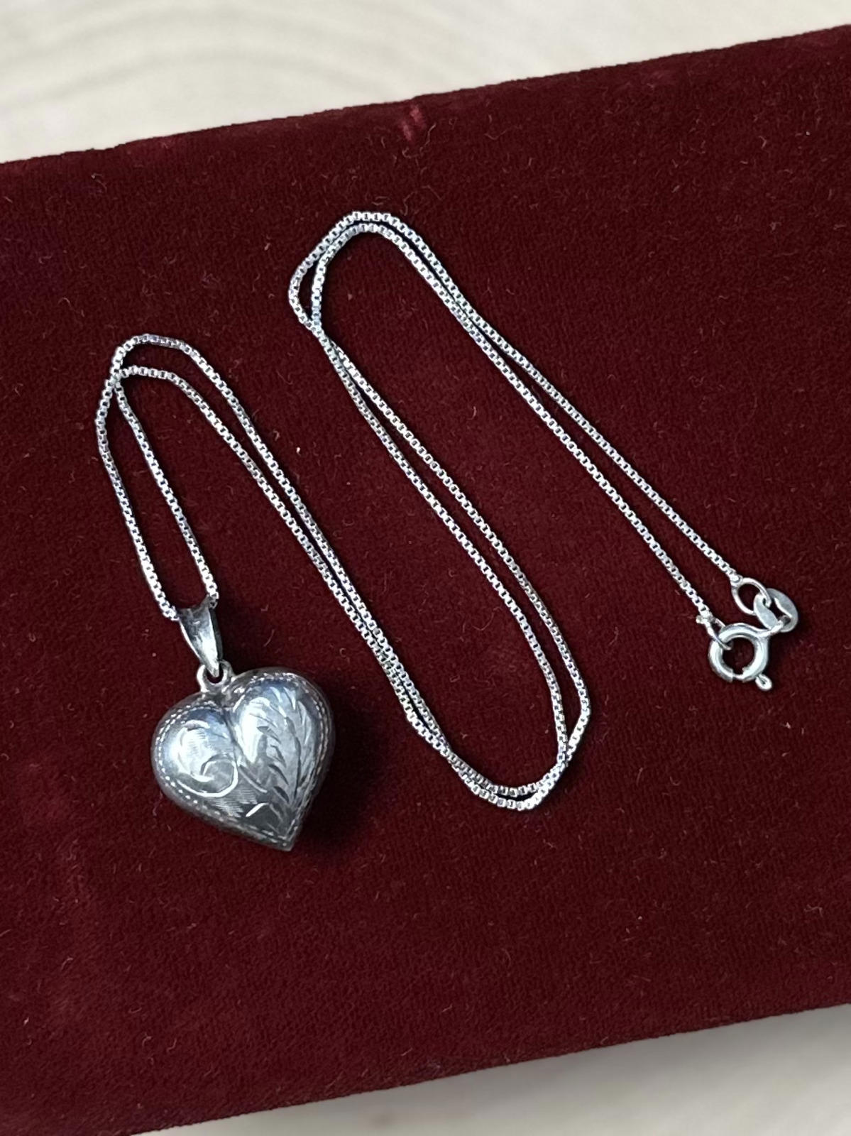 Vintage Sterling Silver Hand Engraved Puffy Heart Pendant Necklace 18"