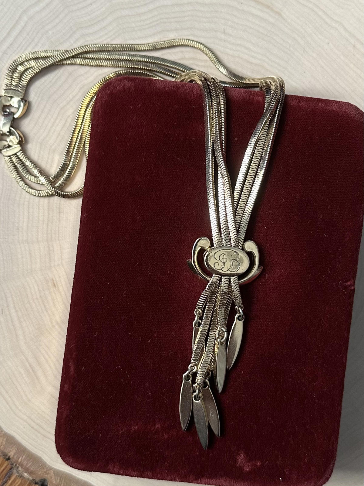 1950s Signed MONET Gold Tone Priscilla Slide Tassel Necklace Monogrammed JB 16"