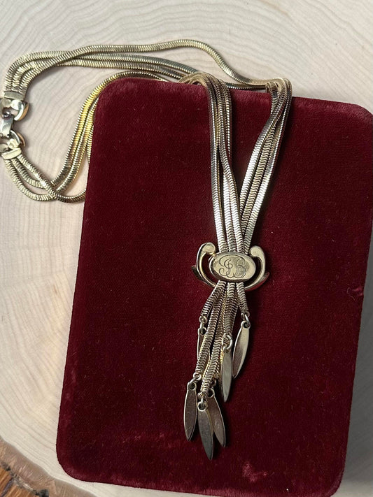 1950s Signed MONET Gold Tone Priscilla Slide Tassel Necklace Monogrammed JB 16"