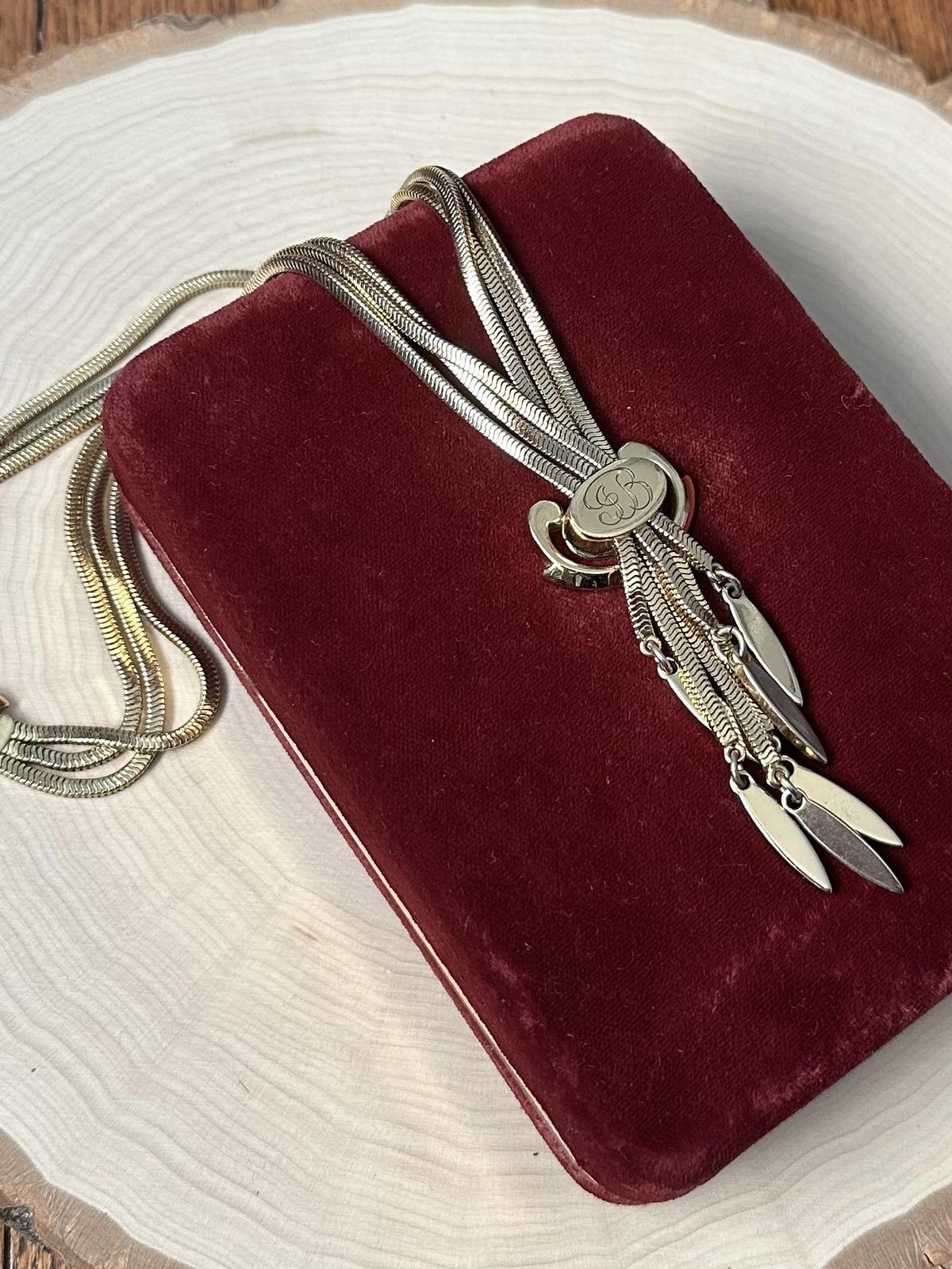 1950s Signed MONET Gold Tone Priscilla Slide Tassel Necklace Monogrammed JB 16"