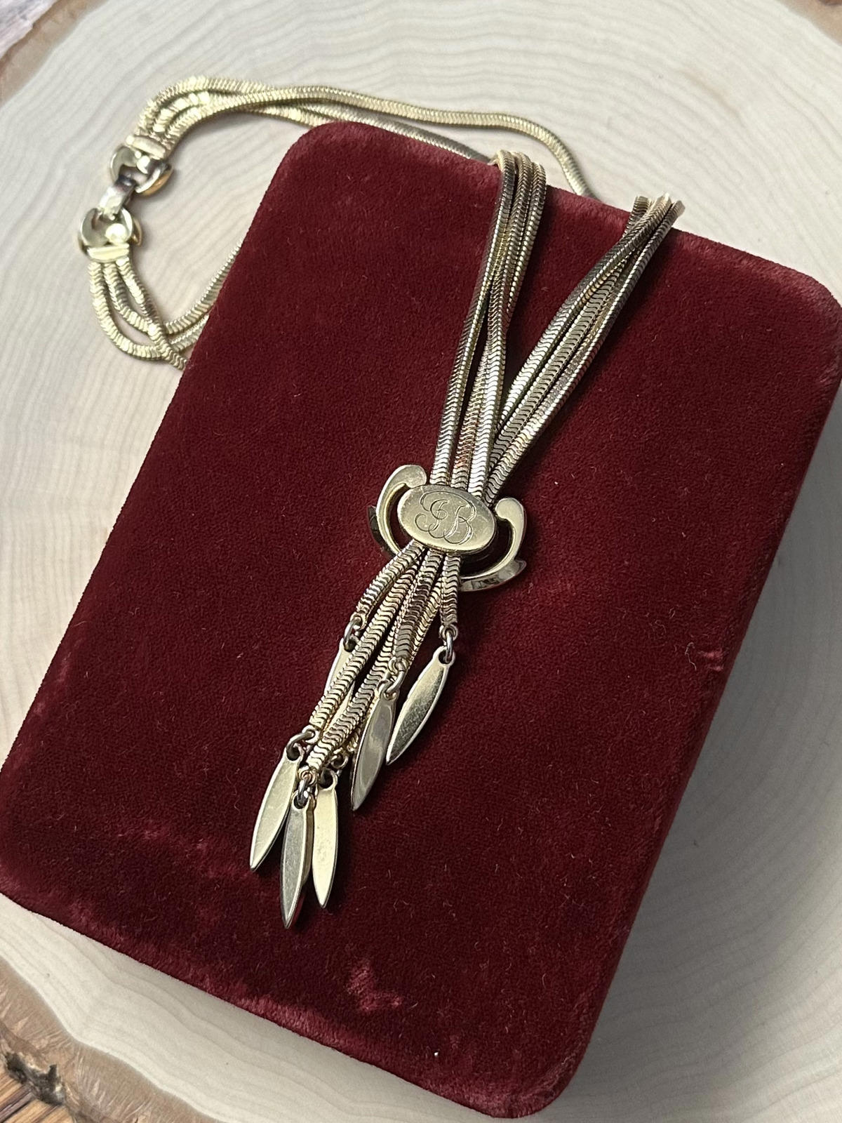 1950s Signed MONET Gold Tone Priscilla Slide Tassel Necklace Monogrammed JB 16"