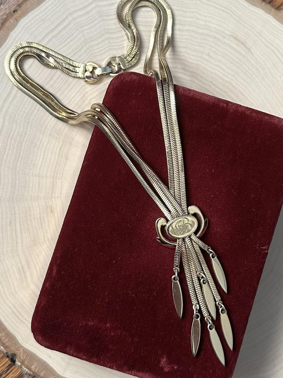 1950s Signed MONET Gold Tone Priscilla Slide Tassel Necklace Monogrammed JB 16"