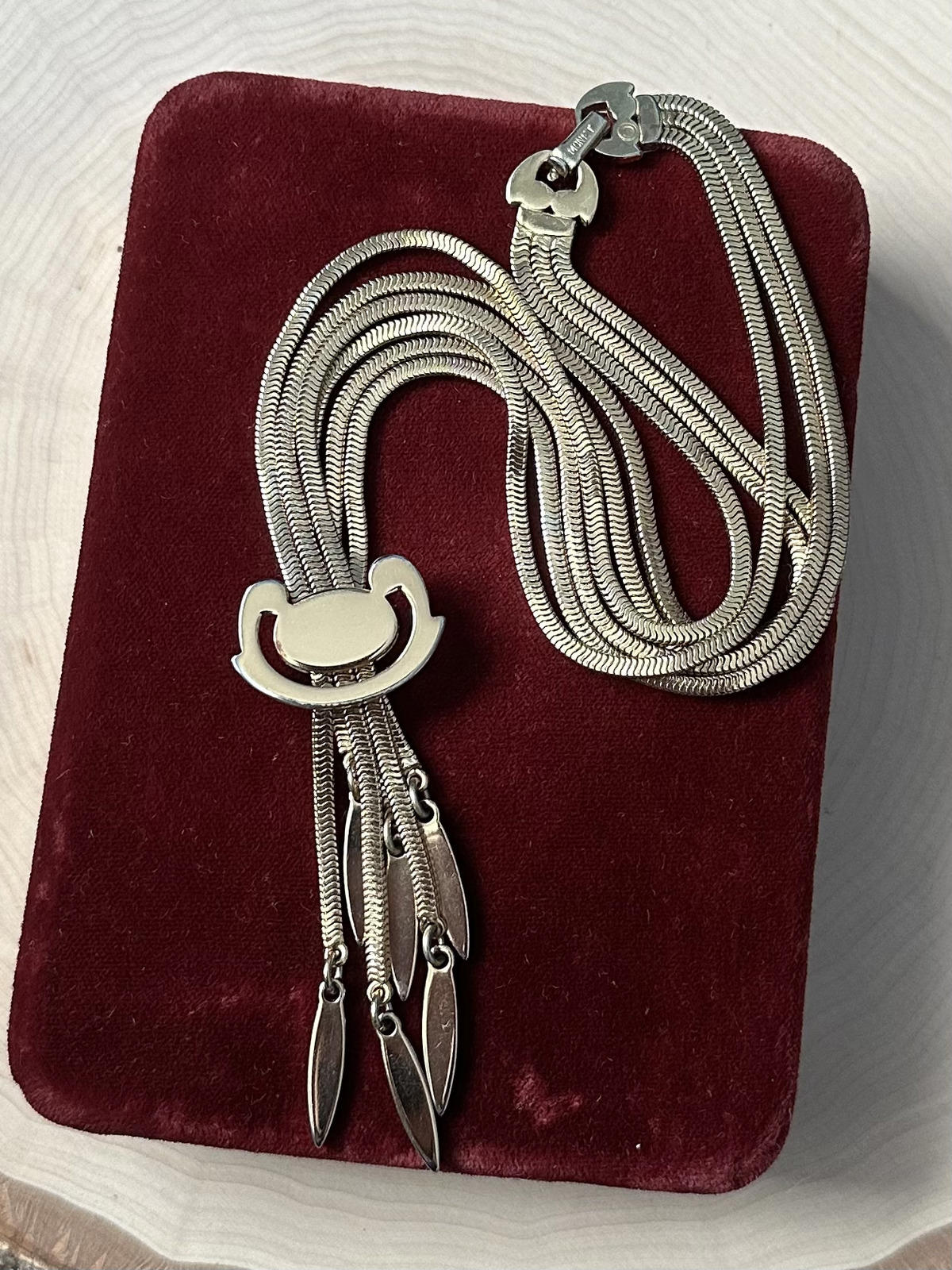 1950s Signed MONET Gold Tone Priscilla Slide Tassel Necklace Monogrammed JB 16"