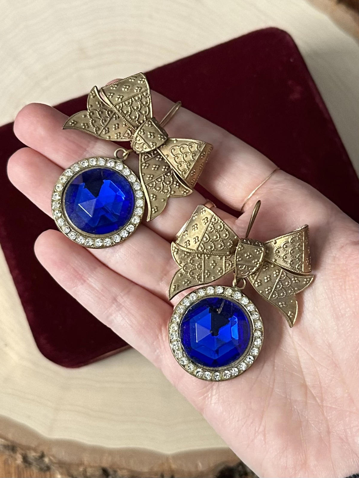 1980s Signed TONIC Gold Tone Bow Blue Rhinestone Statement Earrings