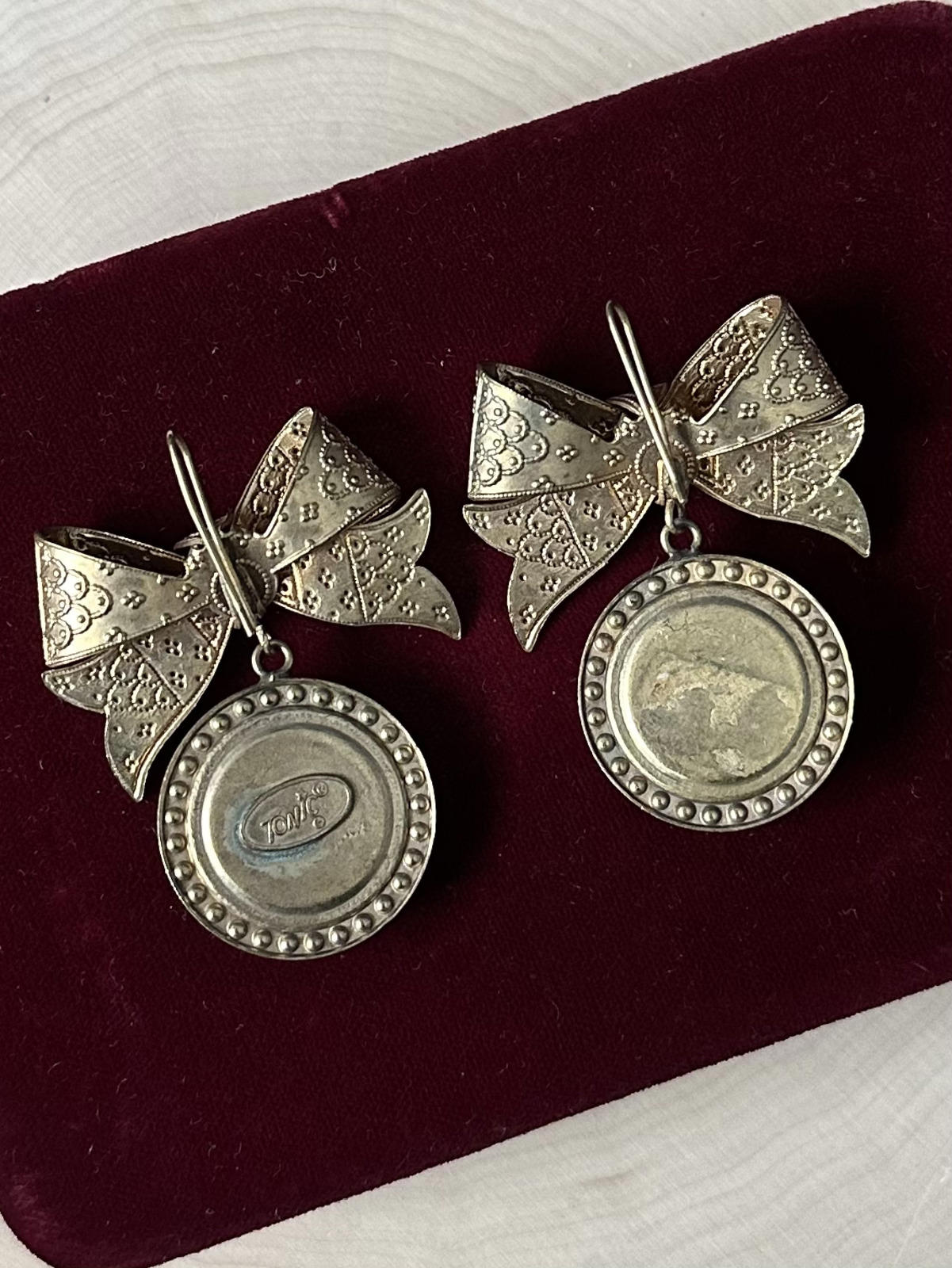 1980s Signed TONIC Gold Tone Bow Blue Rhinestone Statement Earrings