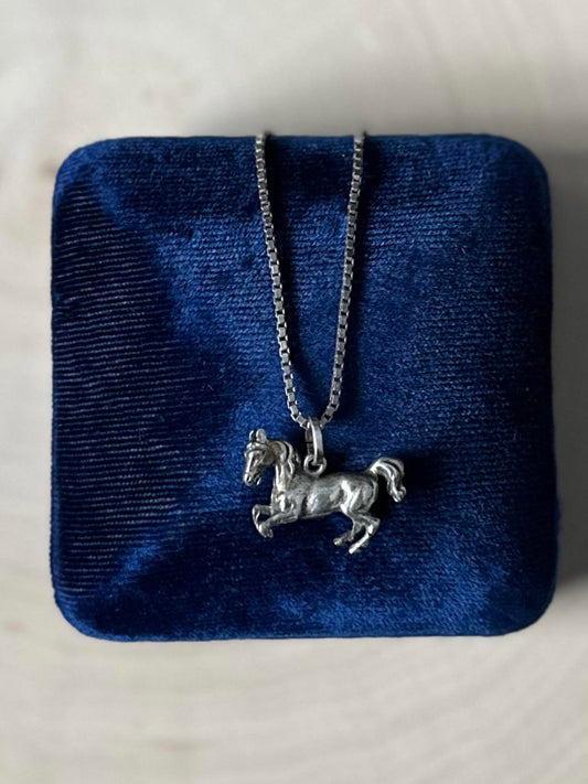 Vintage Sterling Silver Galloping Horse Pendant Necklace 18.6" Equestrian