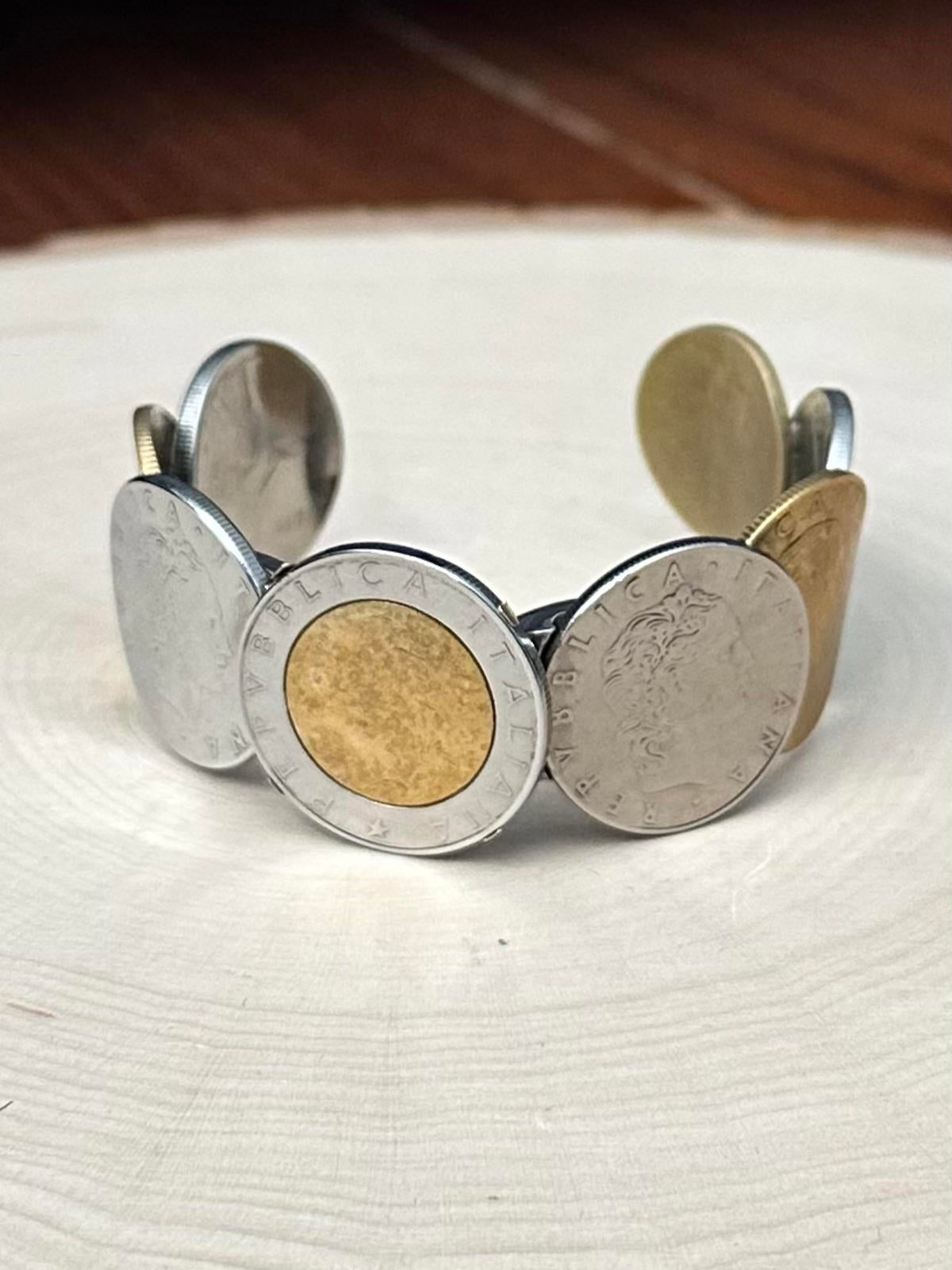 MILOR Italy Stainless Steel & 14K Bezel Italian Lira Coin Hinged Cuff Bracelet