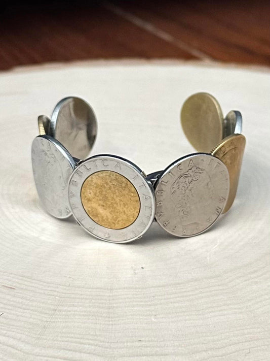 MILOR Italy Stainless Steel & 14K Bezel Italian Lira Coin Hinged Cuff Bracelet