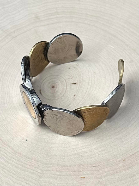 MILOR Italy Stainless Steel & 14K Bezel Italian Lira Coin Hinged Cuff Bracelet