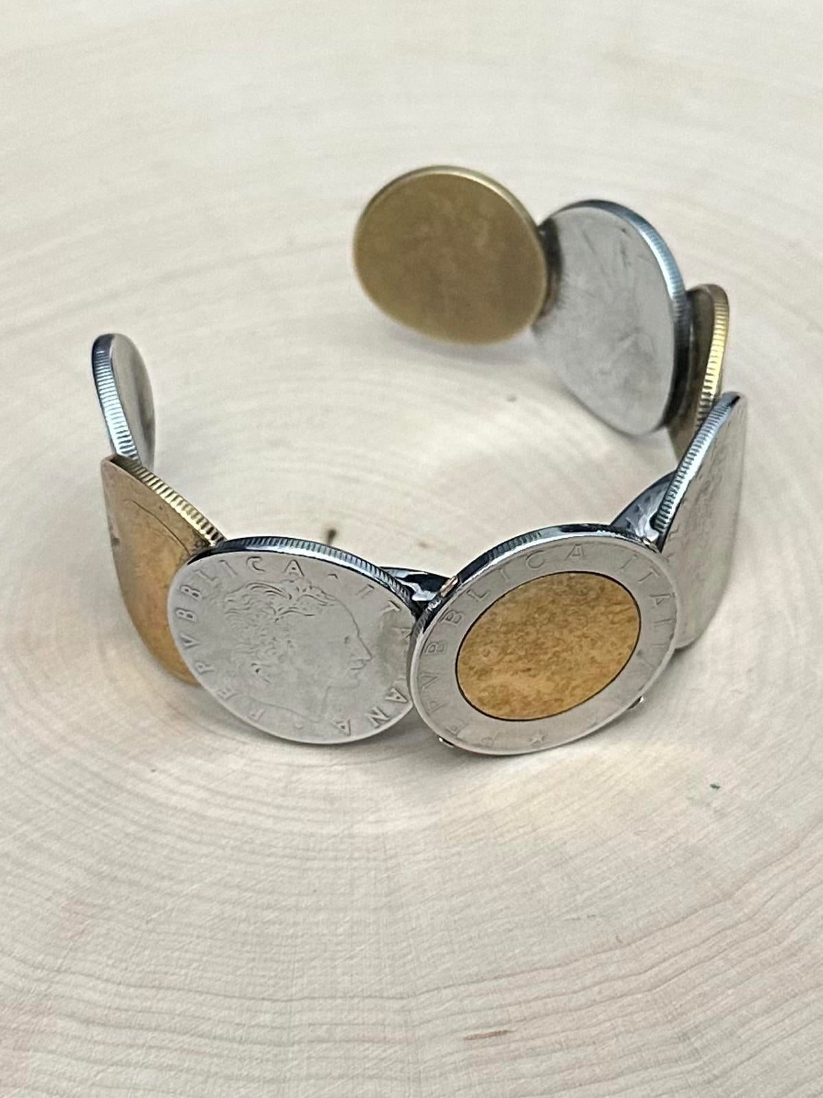 MILOR Italy Stainless Steel & 14K Bezel Italian Lira Coin Hinged Cuff Bracelet