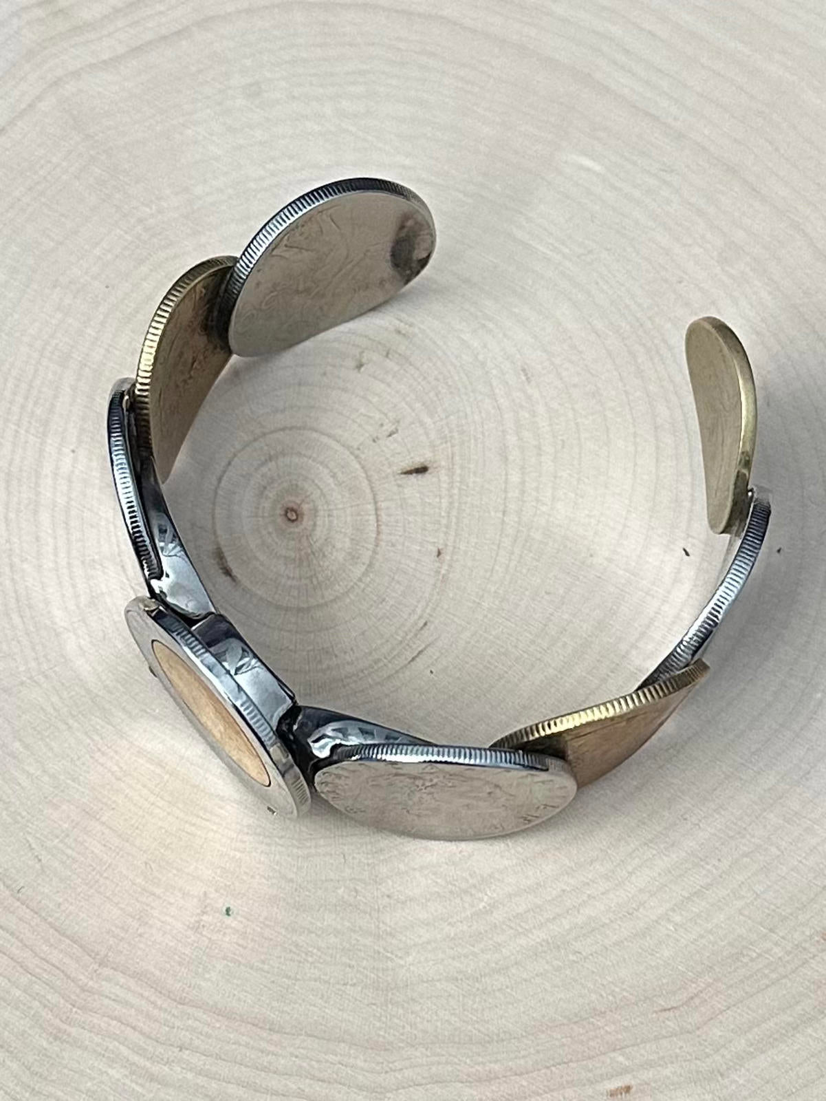 MILOR Italy Stainless Steel & 14K Bezel Italian Lira Coin Hinged Cuff Bracelet