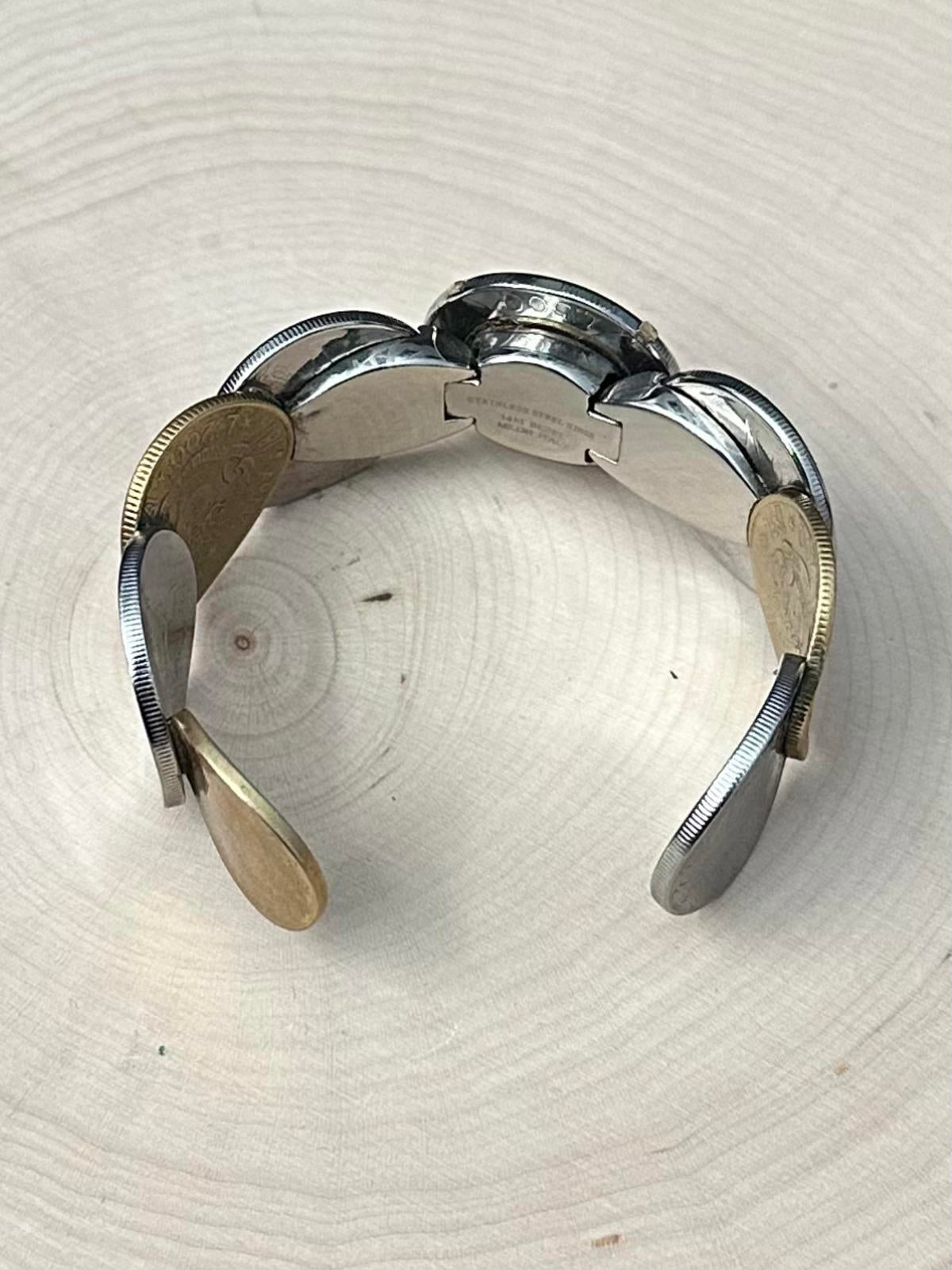 MILOR Italy Stainless Steel & 14K Bezel Italian Lira Coin Hinged Cuff Bracelet