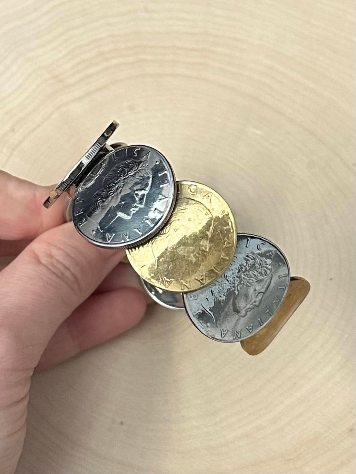 MILOR Italy Stainless Steel & 14K Bezel Italian Lira Coin Hinged Cuff Bracelet