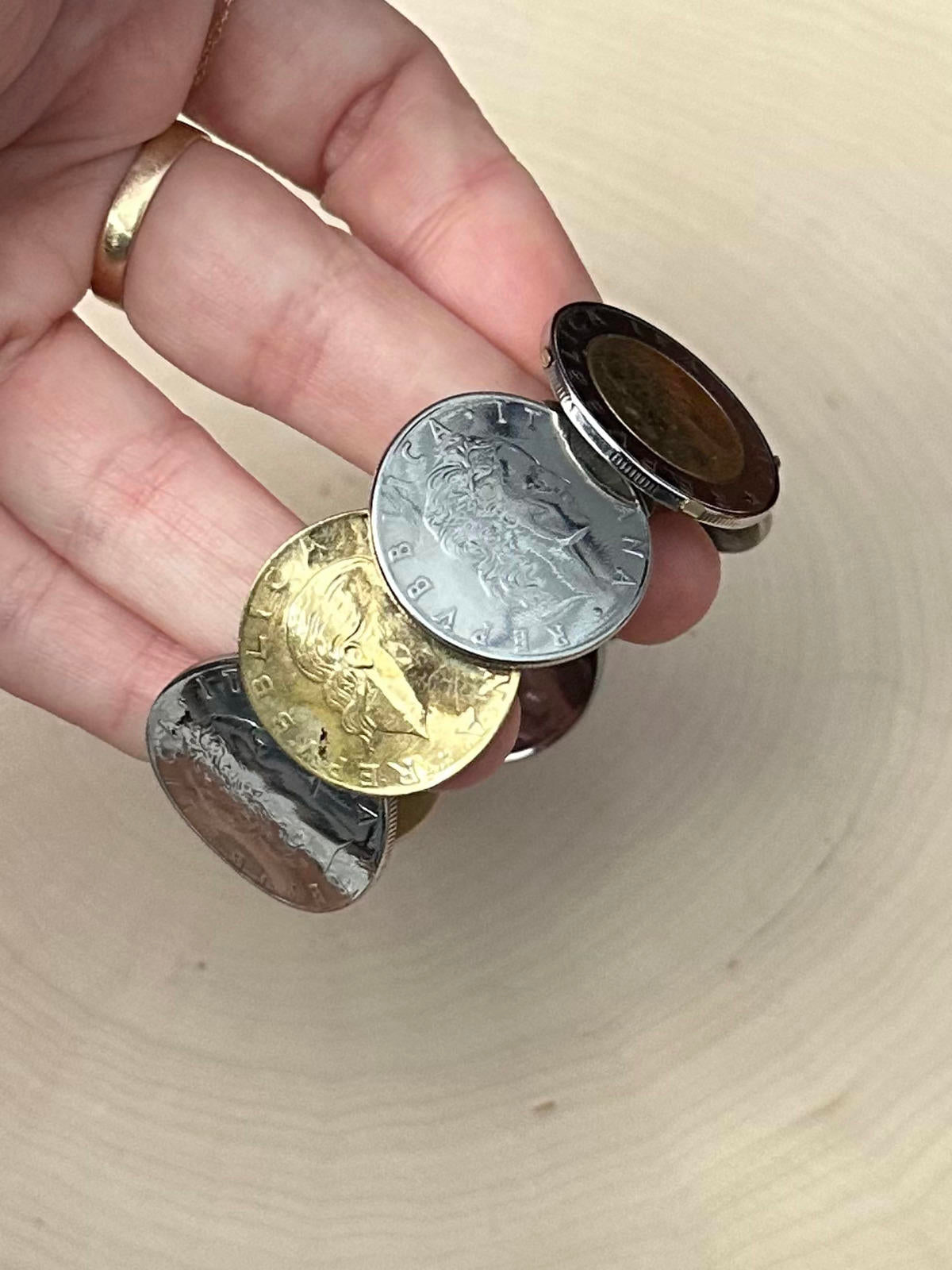 MILOR Italy Stainless Steel & 14K Bezel Italian Lira Coin Hinged Cuff Bracelet