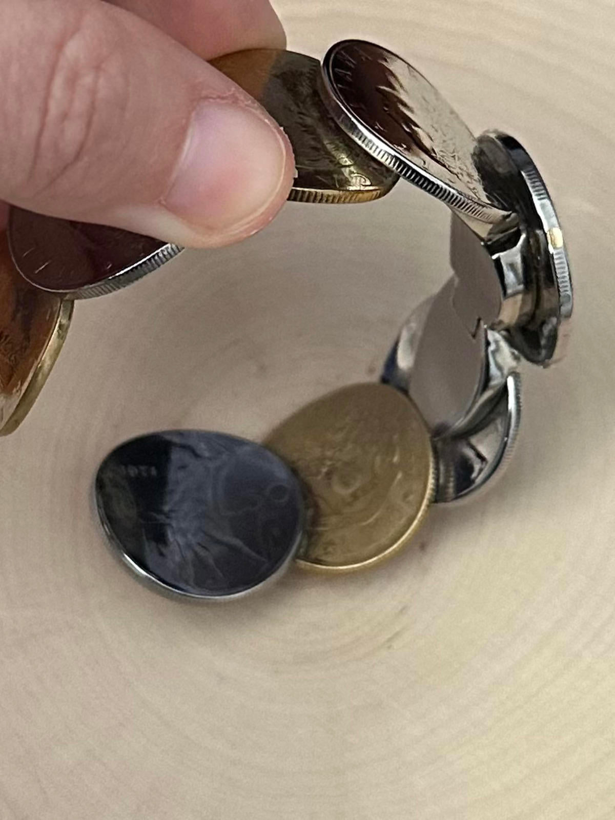 MILOR Italy Stainless Steel & 14K Bezel Italian Lira Coin Hinged Cuff Bracelet