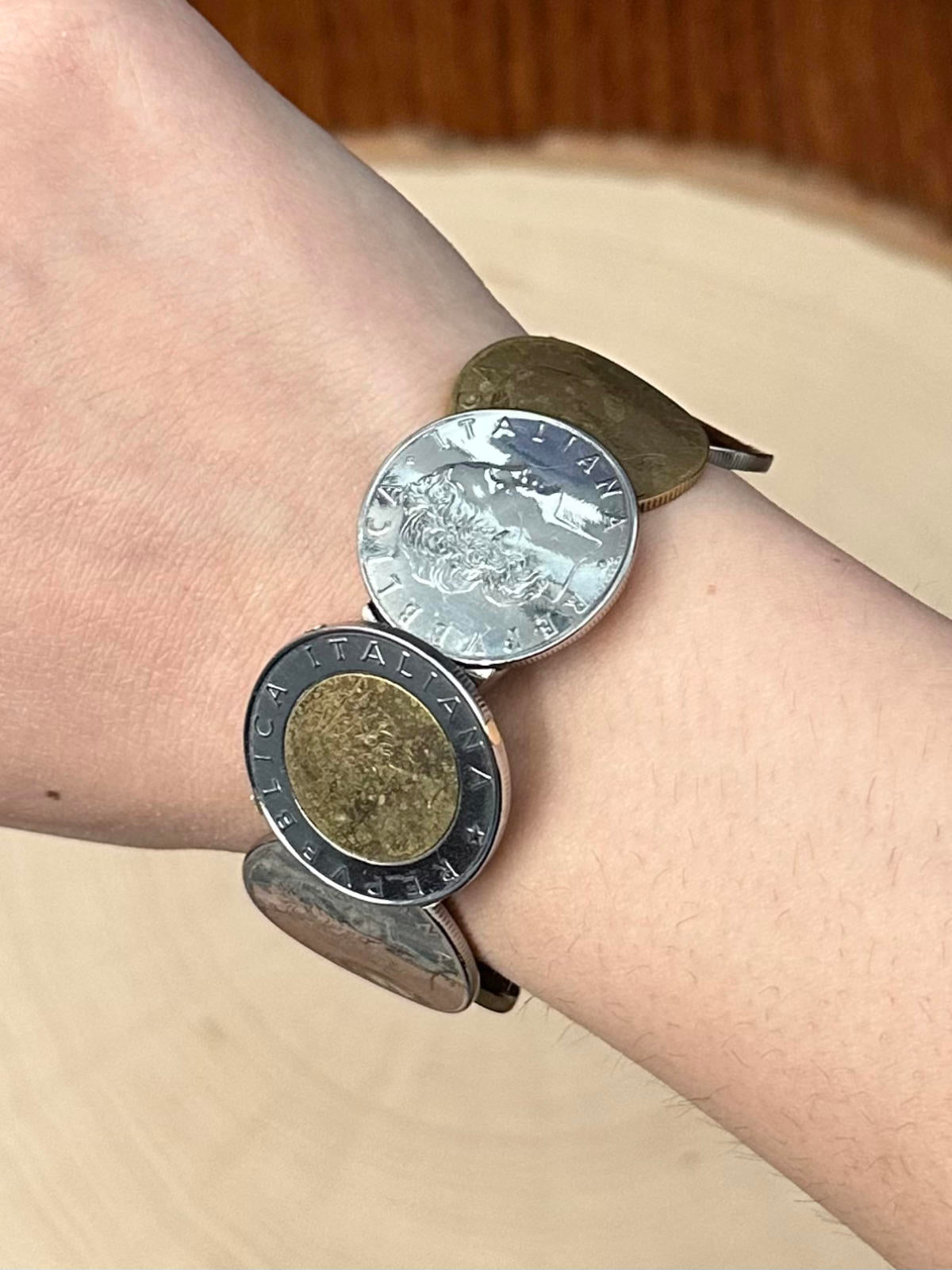 MILOR Italy Stainless Steel & 14K Bezel Italian Lira Coin Hinged Cuff Bracelet