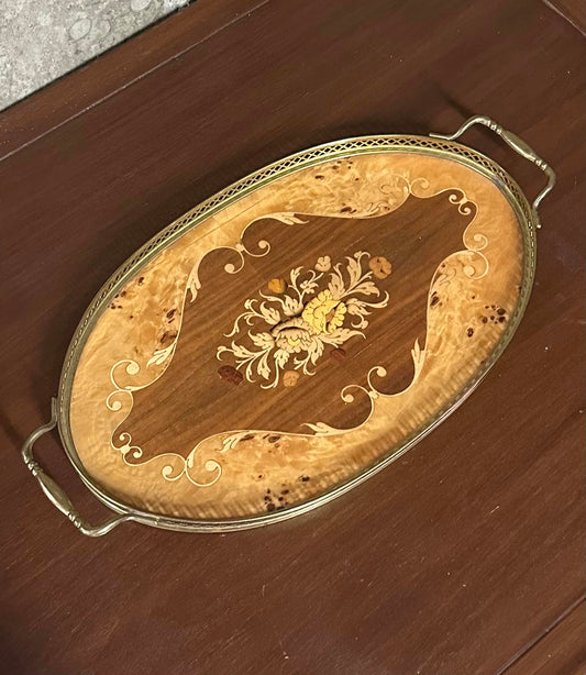 Vintage Midcentury Italian Marquetry Floral Inlaid Wood & Brass Handled Tray