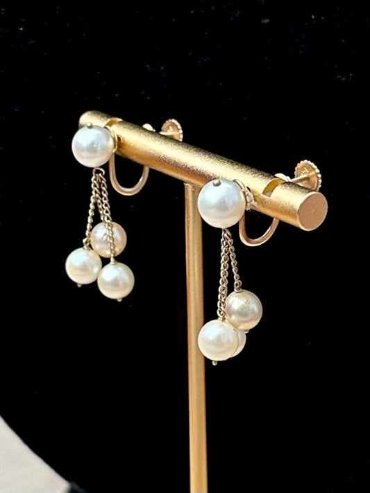 1960s 14K Yellow Gold Genuine Pearl Dangle Screwback Earrings
