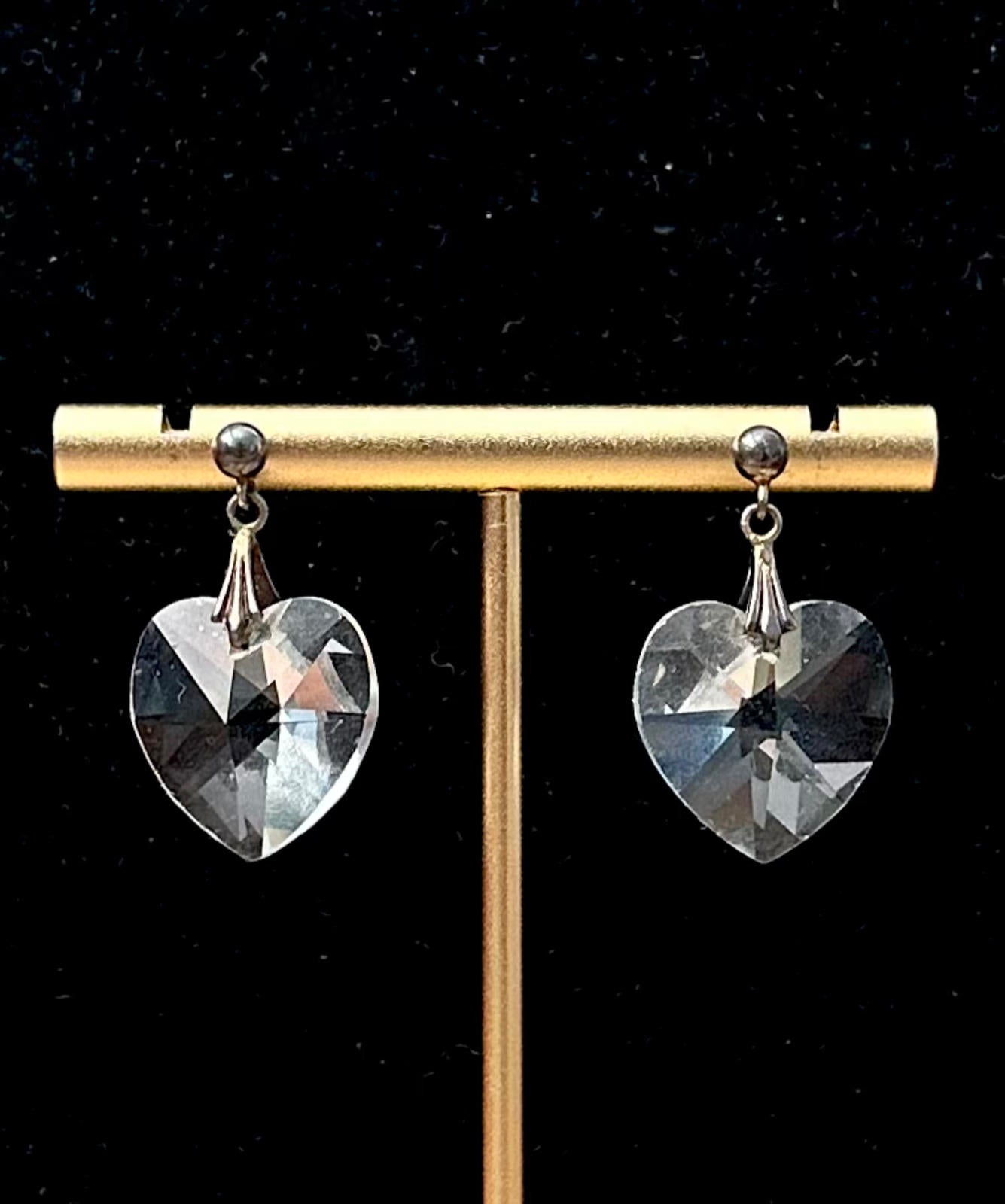 Vintage Midcentury Sterling Silver & Clear Cut Glass Heart Pierced Dangle Earrings