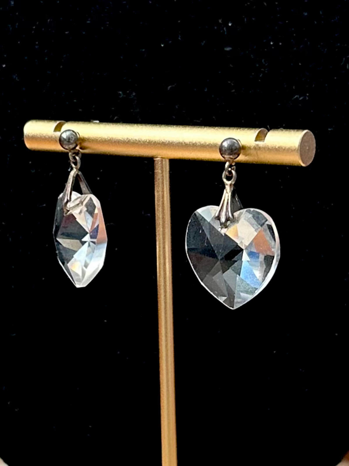 Vintage Midcentury Sterling Silver & Clear Cut Glass Heart Pierced Dangle Earrings