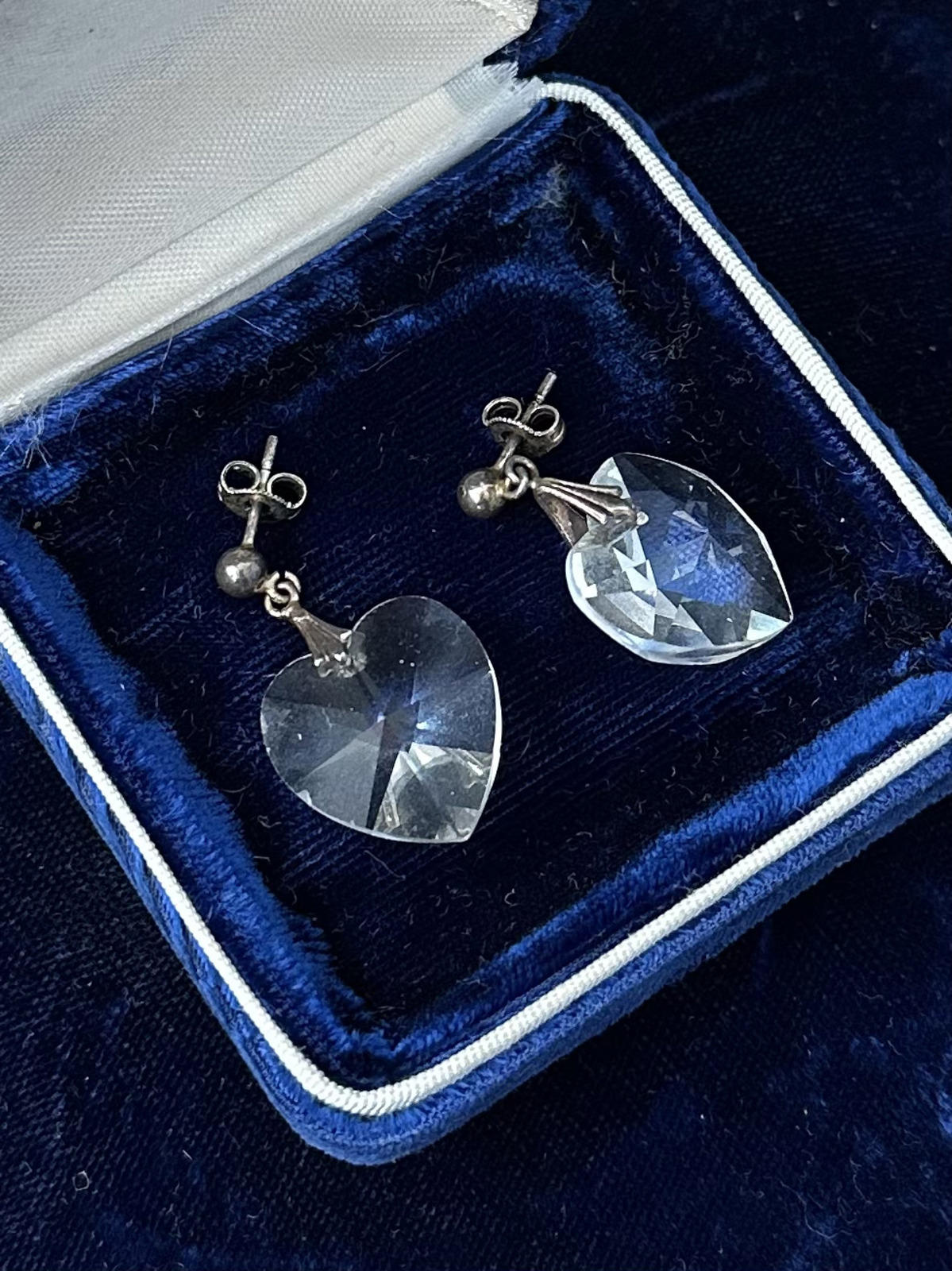 Vintage Midcentury Sterling Silver & Clear Cut Glass Heart Pierced Dangle Earrings