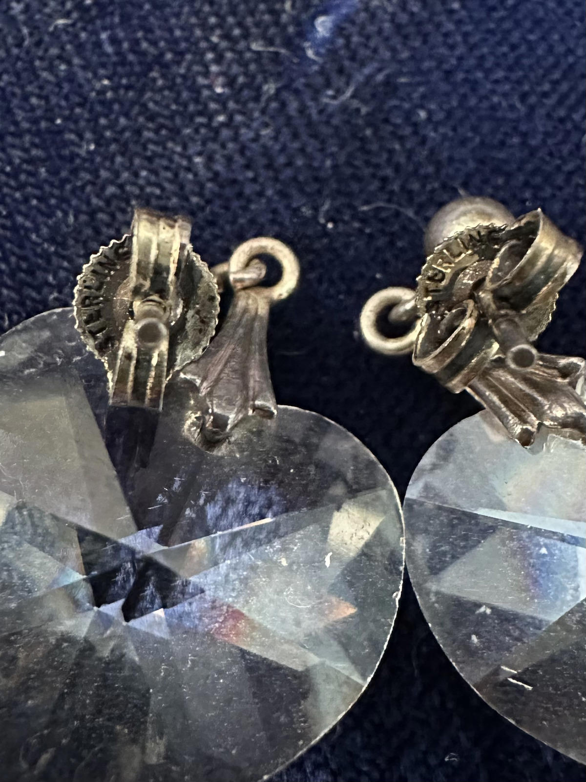 Vintage Midcentury Sterling Silver & Clear Cut Glass Heart Pierced Dangle Earrings