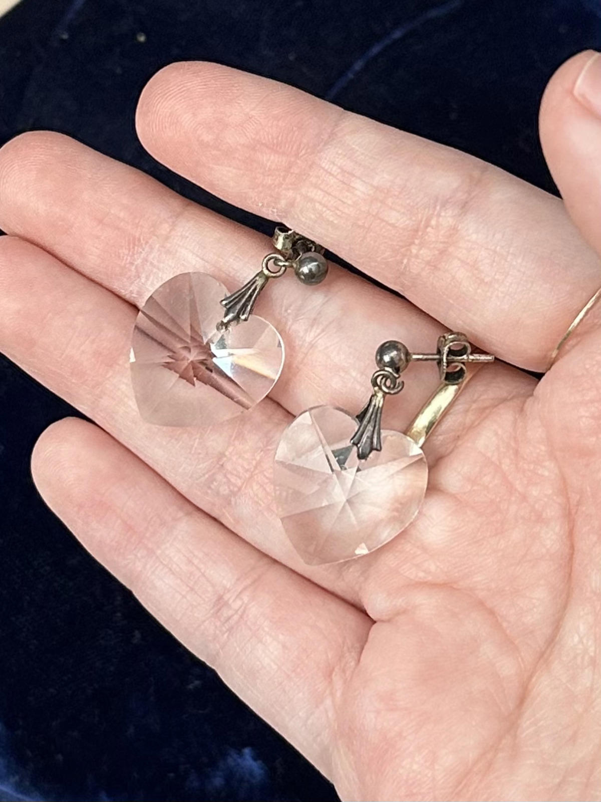 Vintage Midcentury Sterling Silver & Clear Cut Glass Heart Pierced Dangle Earrings