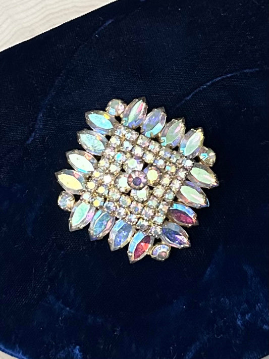 1960s Radiant Aurora Borealis AB Rhinestone Layered Marquise Brooch