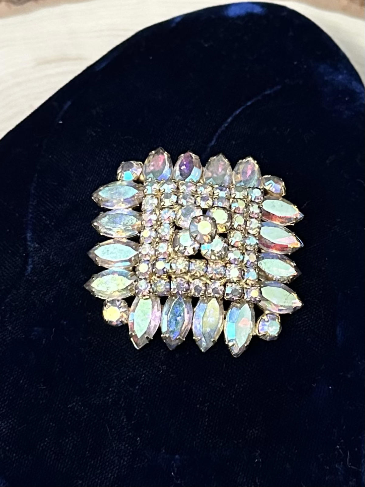 1960s Radiant Aurora Borealis AB Rhinestone Layered Marquise Brooch