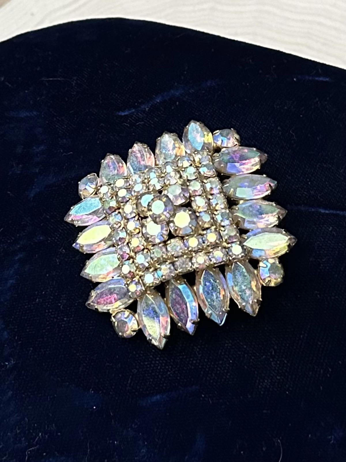 1960s Radiant Aurora Borealis AB Rhinestone Layered Marquise Brooch