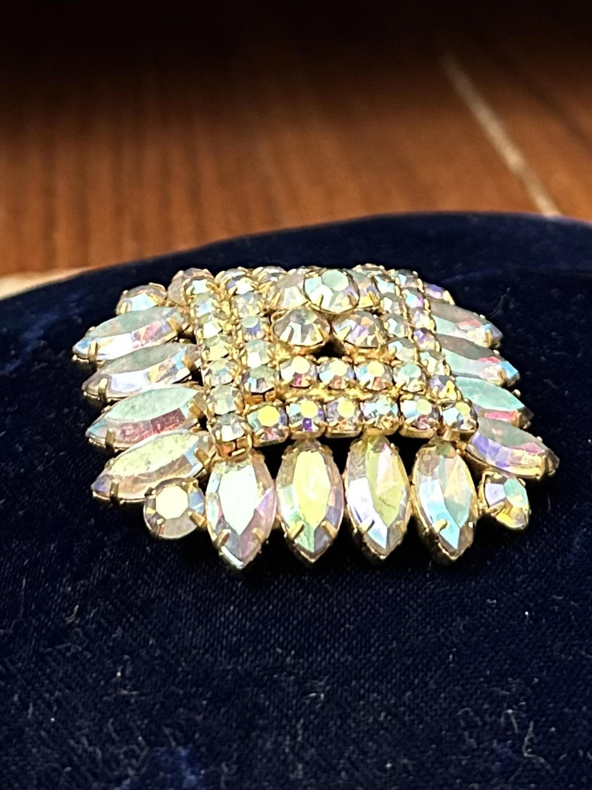1960s Radiant Aurora Borealis AB Rhinestone Layered Marquise Brooch