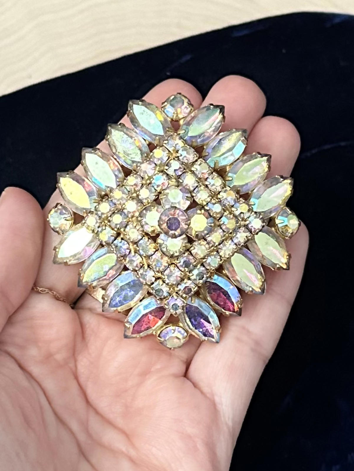 1960s Radiant Aurora Borealis AB Rhinestone Layered Marquise Brooch