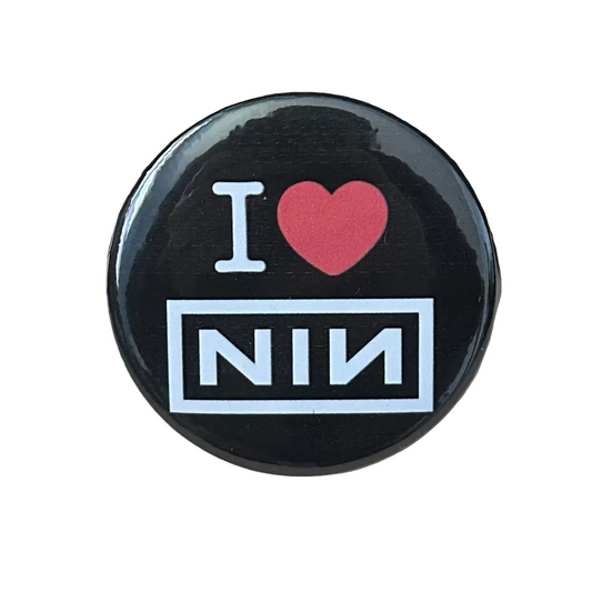 Button badge with 'I ❤️ NIN' text