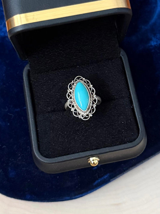 Vintage Taxco Mexico Sterling Silver Turquoise Marquise Cabochon Ring US 6