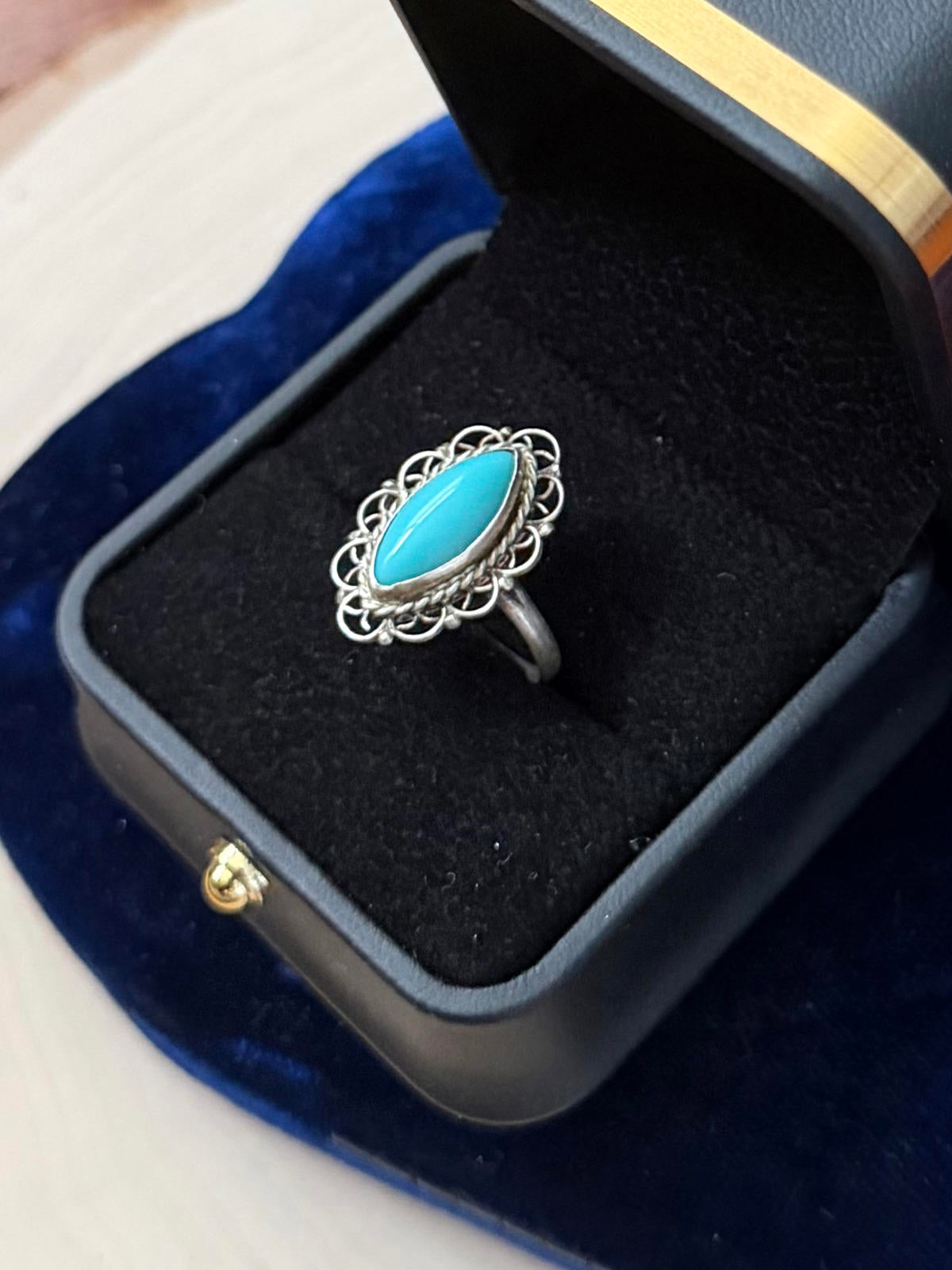 Vintage Taxco Mexico Sterling Silver Turquoise Marquise Cabochon Ring US 6