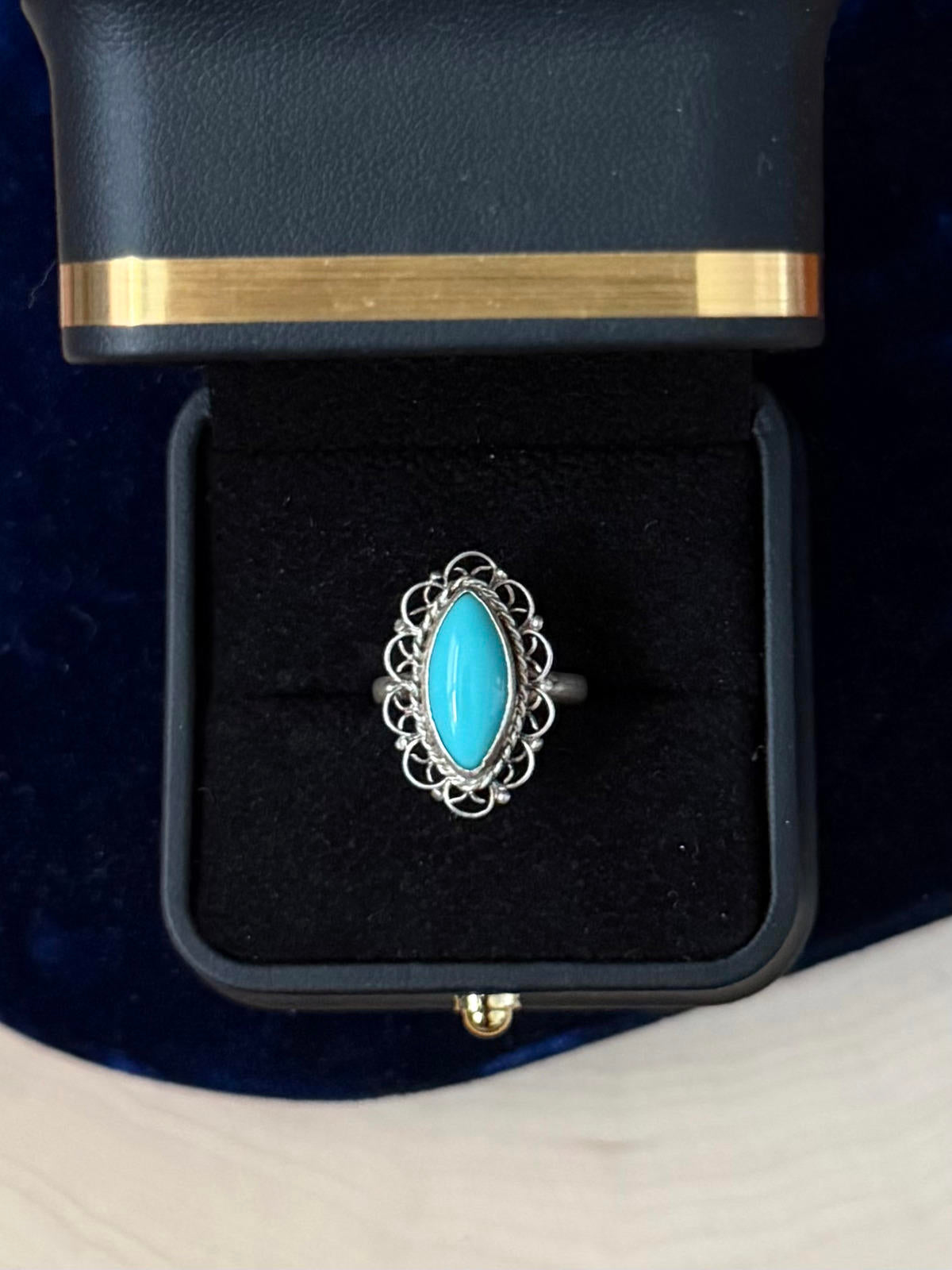 Vintage Taxco Mexico Sterling Silver Turquoise Marquise Cabochon Ring US 6