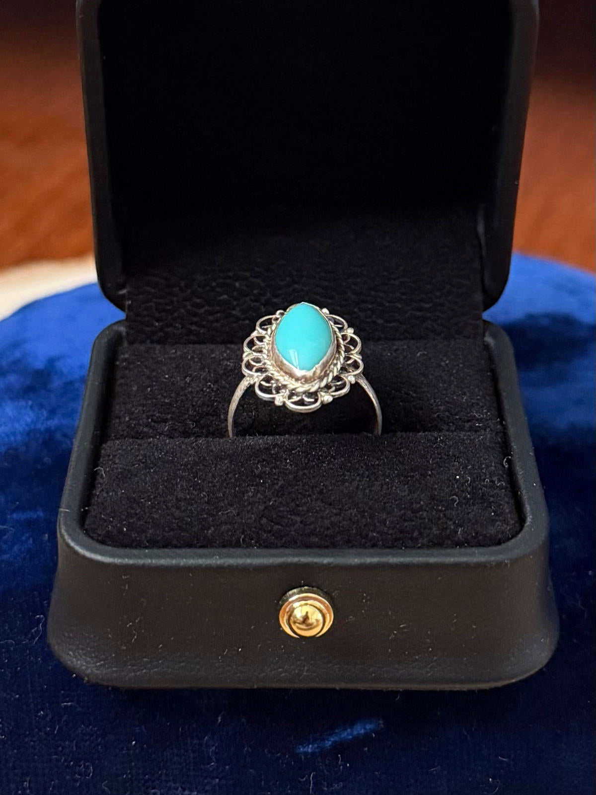 Vintage Taxco Mexico Sterling Silver Turquoise Marquise Cabochon Ring US 6