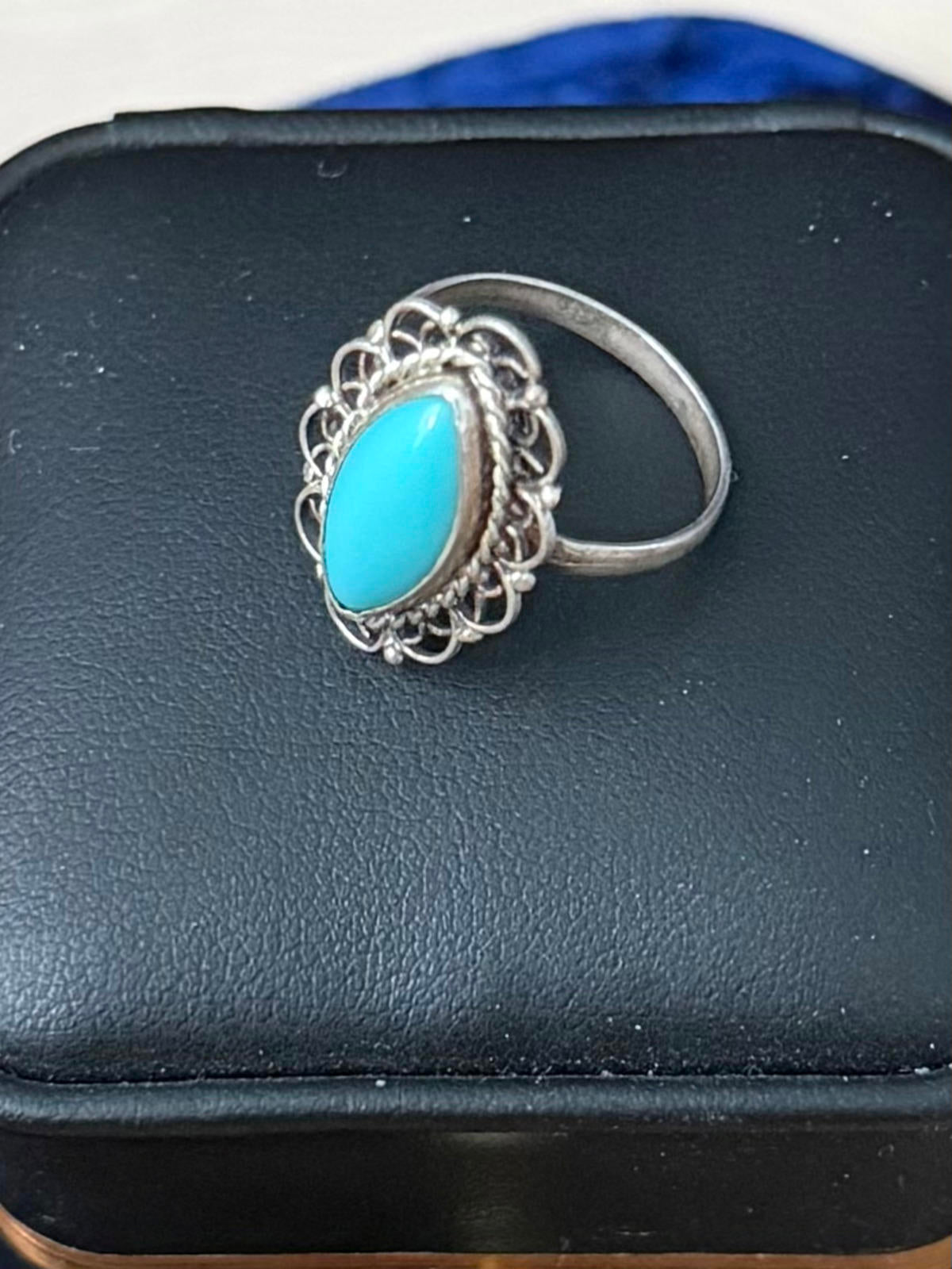 Vintage Taxco Mexico Sterling Silver Turquoise Marquise Cabochon Ring US 6