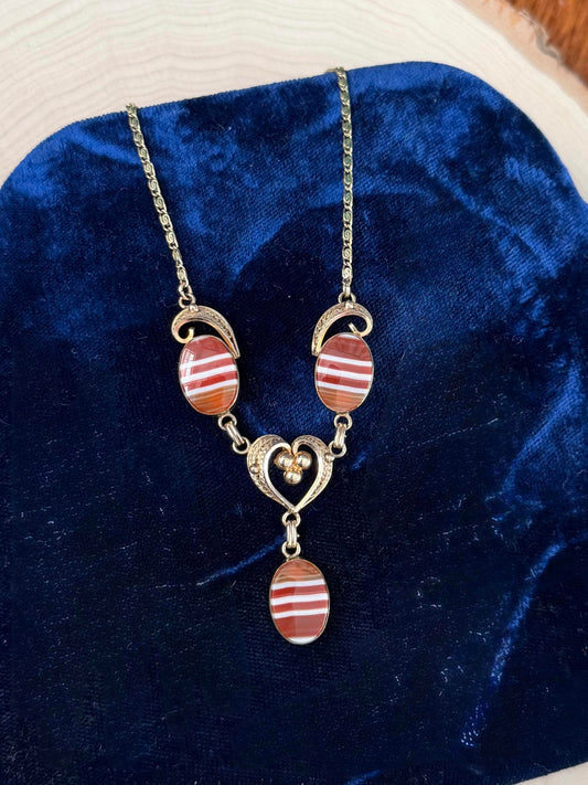 1950s Signed Van Dell 1/20 12K Gold Filled Banded Agate Cabochon Necklace 16"