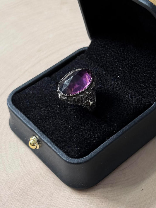 Antique 1920s 1930s Art Deco Sterling Silver Faceted Purple Glass Ring US 5