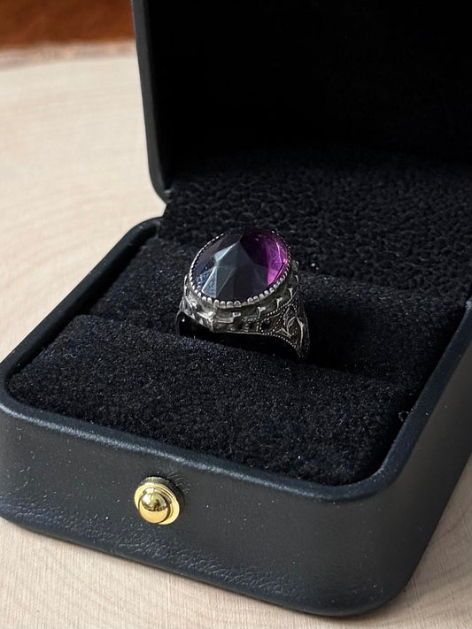 Antique 1920s 1930s Art Deco Sterling Silver Faceted Purple Glass Ring US 5