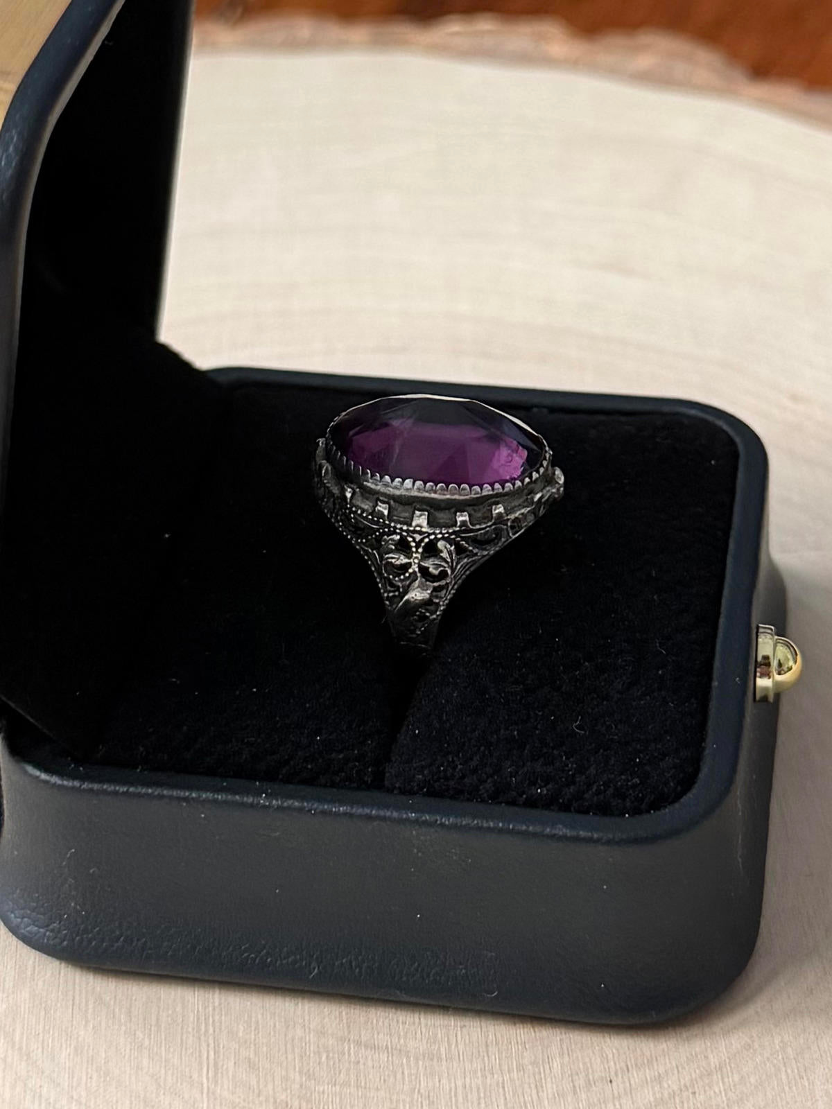 Antique 1920s 1930s Art Deco Sterling Silver Faceted Purple Glass Ring US 5