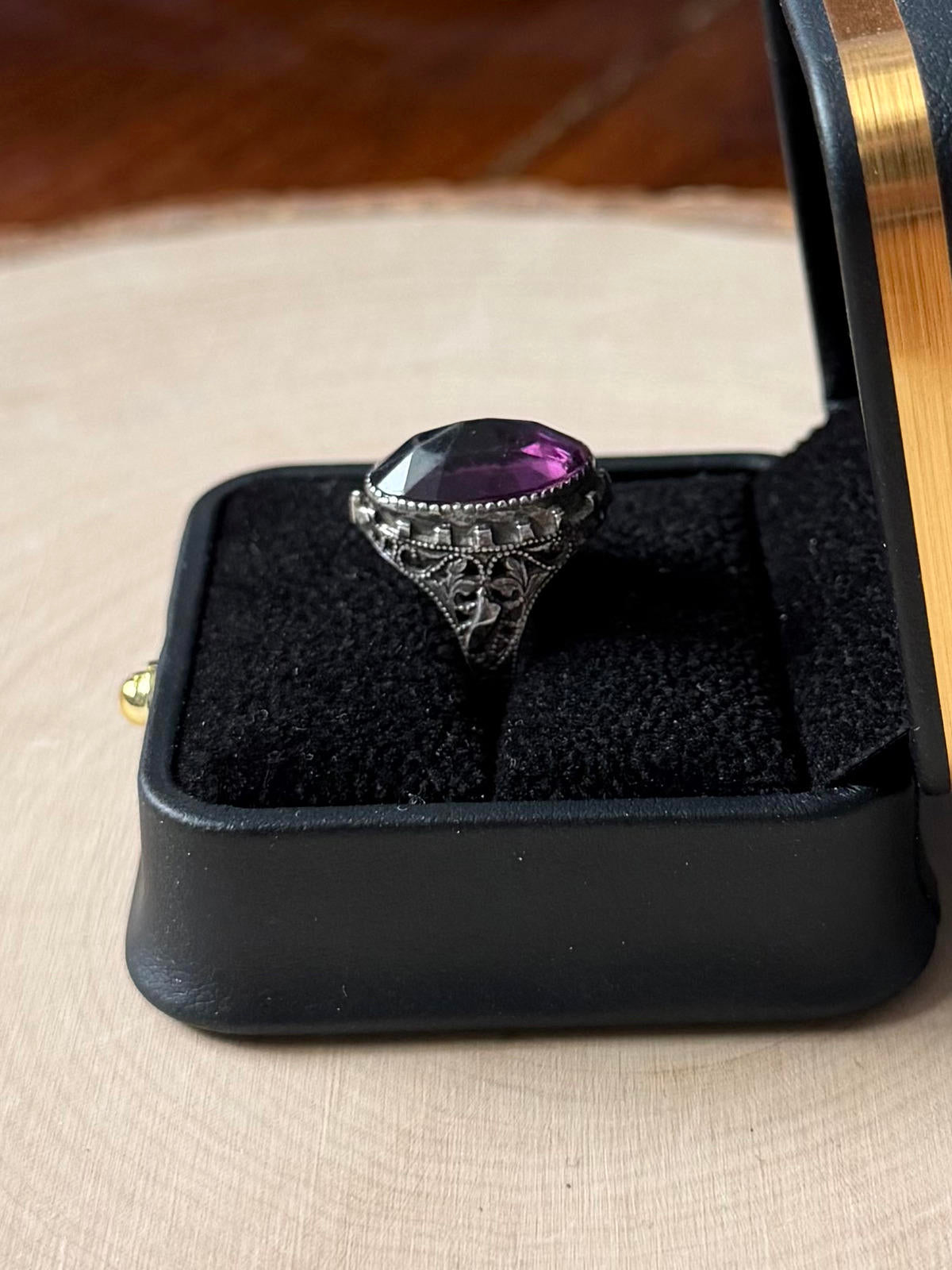 Antique 1920s 1930s Art Deco Sterling Silver Faceted Purple Glass Ring US 5