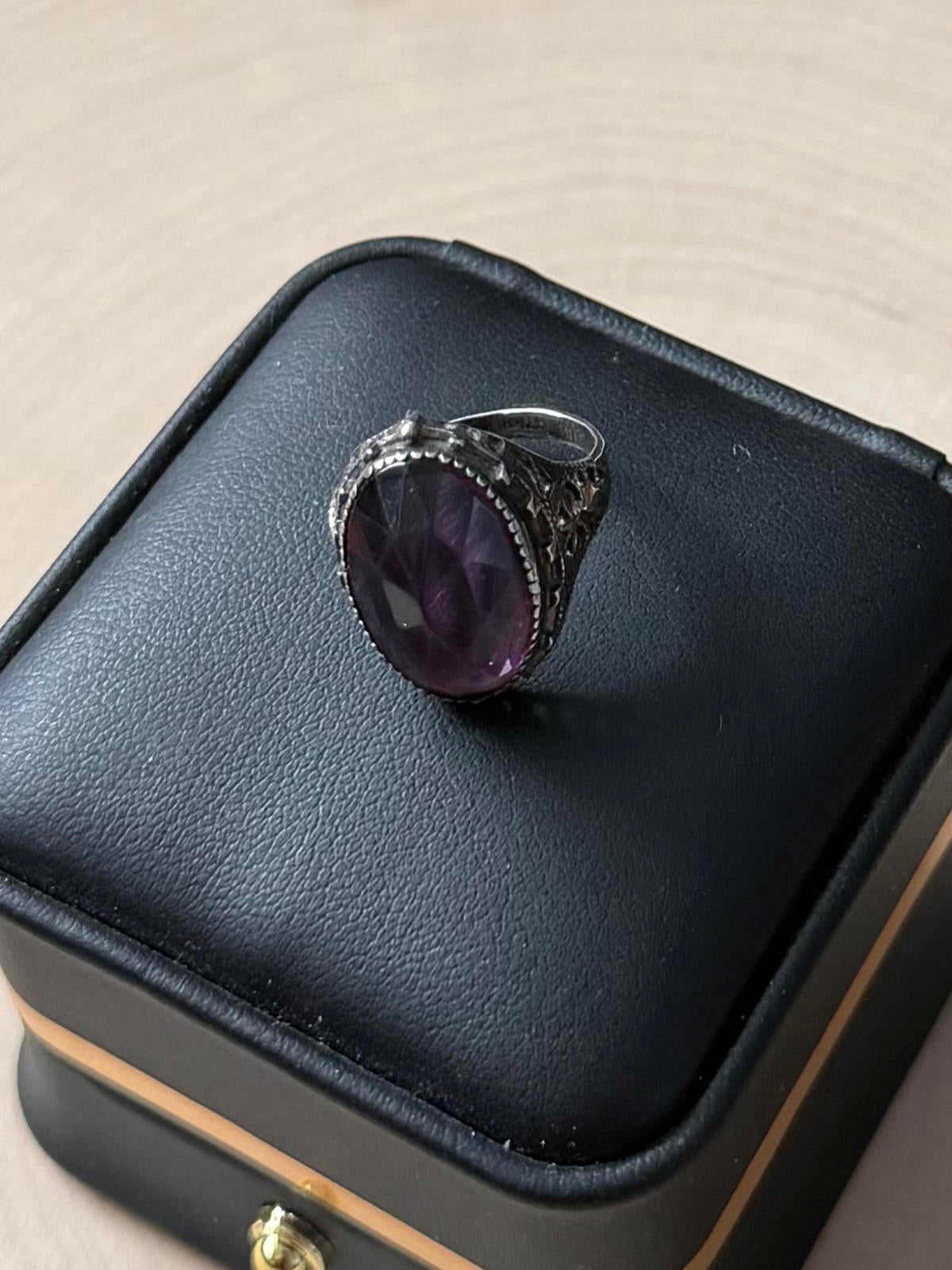 Antique 1920s 1930s Art Deco Sterling Silver Faceted Purple Glass Ring US 5