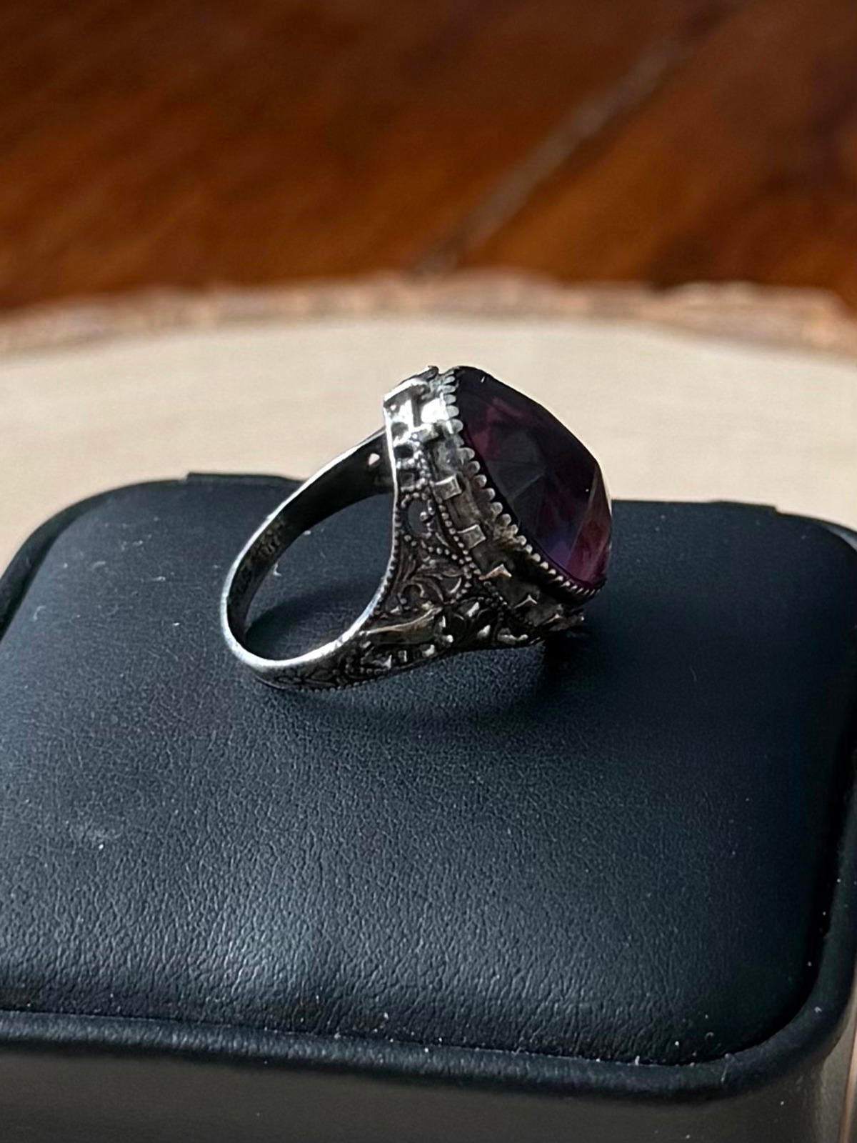 Antique 1920s 1930s Art Deco Sterling Silver Faceted Purple Glass Ring US 5
