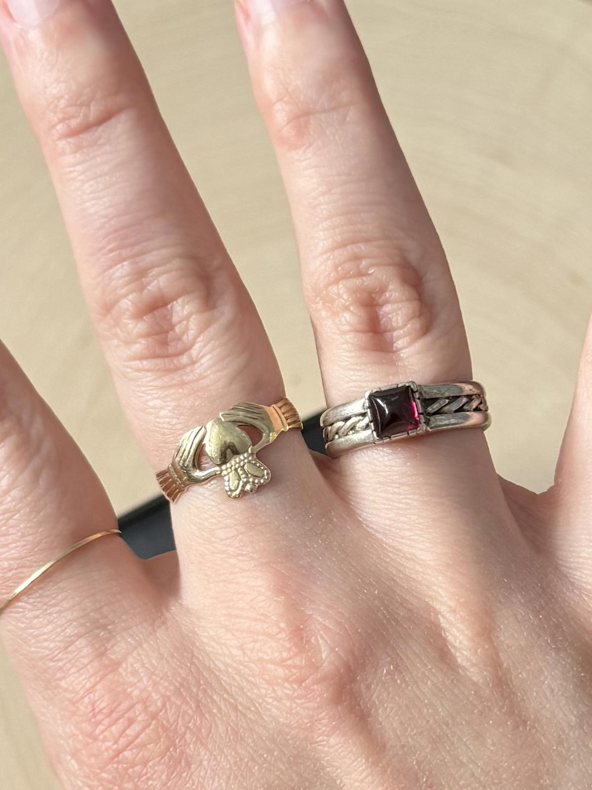 Vintage Sterling Silver Square Garnet Braided Band Solitaire Ring US 5 3/4